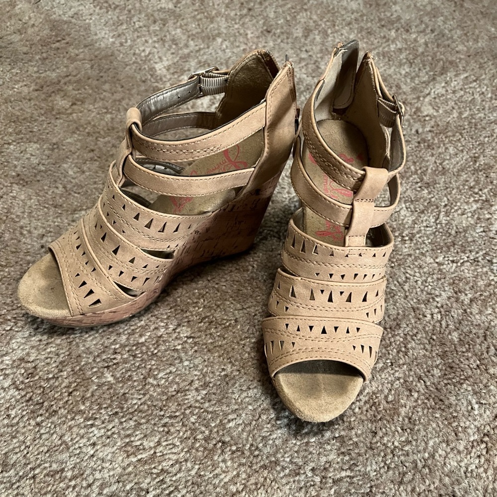Tan cut out cork, wedge heels size 6.5